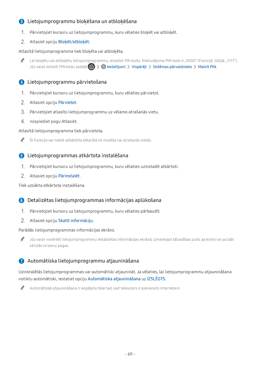 Samsung QE65Q9FNATXXH, QE65Q8CNATXXH manual  Lietojumprogrammu bloķēšana un atbloķēšana,  Lietojumprogrammu pārvietošana 